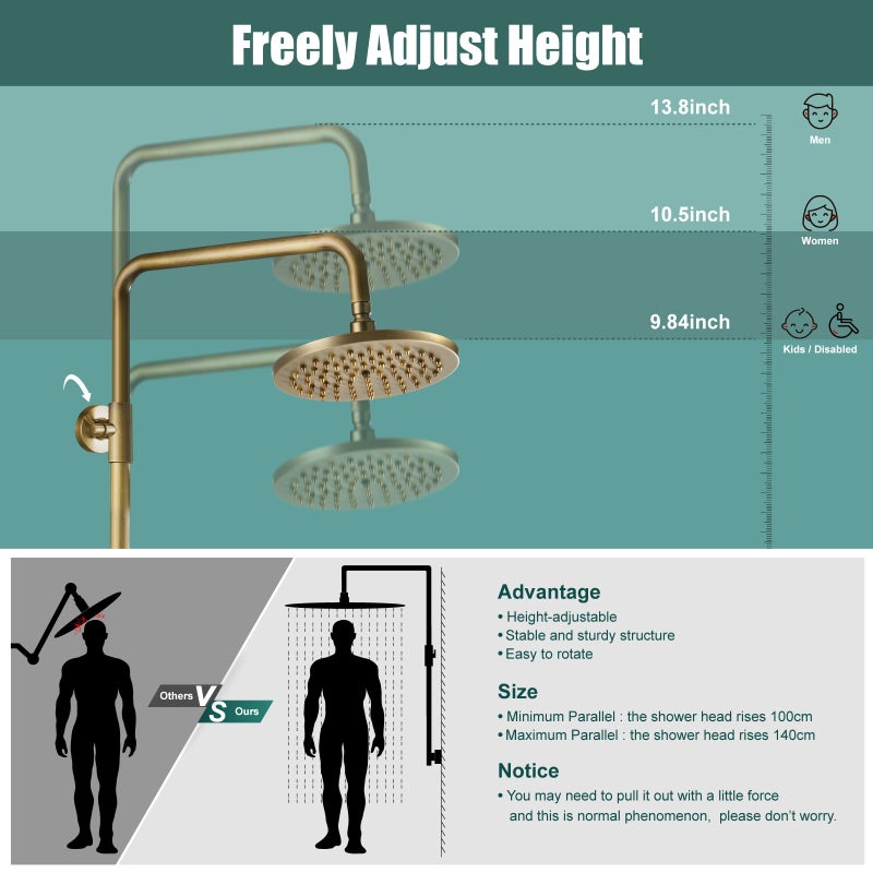 Heyalan Exposed Pipe Shower System Brushed Nickel 8 Inch Rainfall Showerhead Shower Faucet Fixture Combo Set Brass Single Handle with Hand Sprayer Adjustable Slide Bar Dual Functions - Image 3